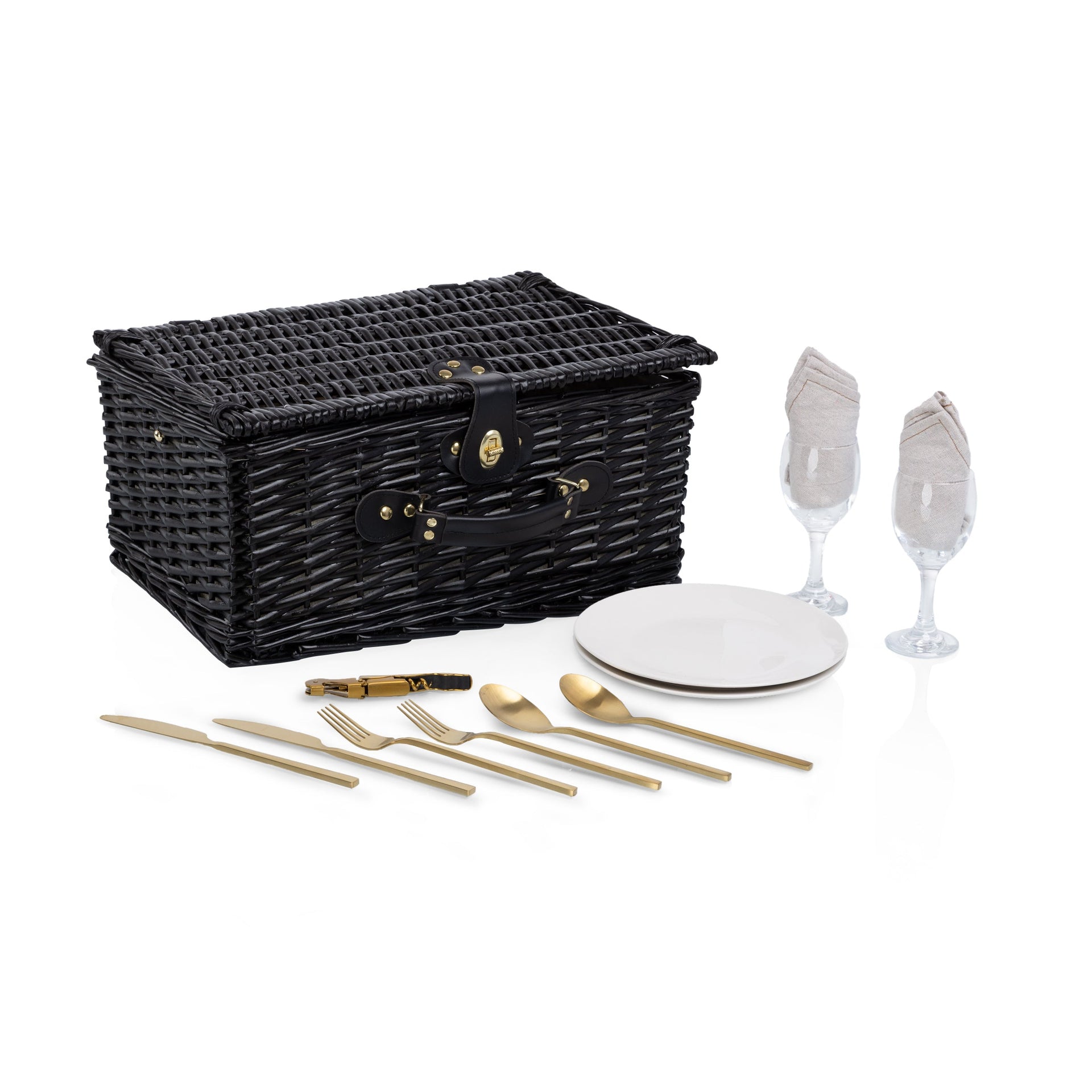 Picnic Basket Set for 2, Black Willow with Beige Accents