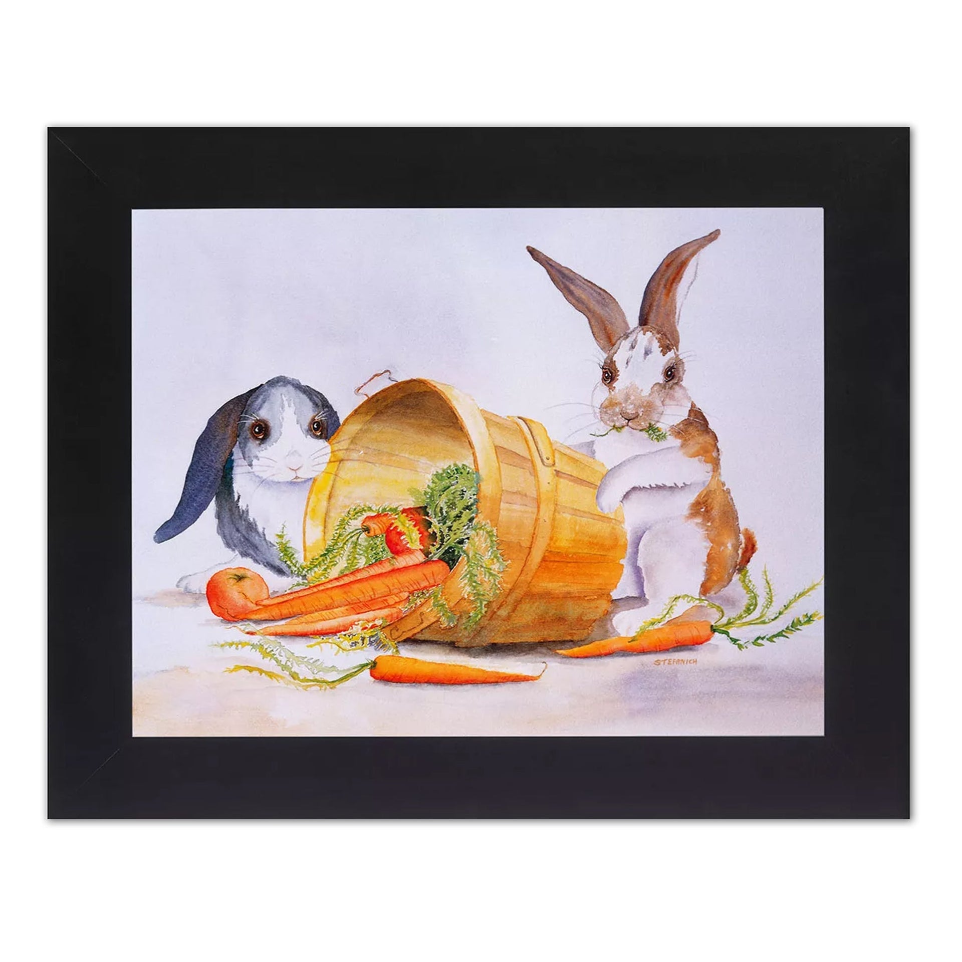 Framed Wall Art – Two Bunny Rabbits with Carrots in Black Wood Frame 8x10 Print