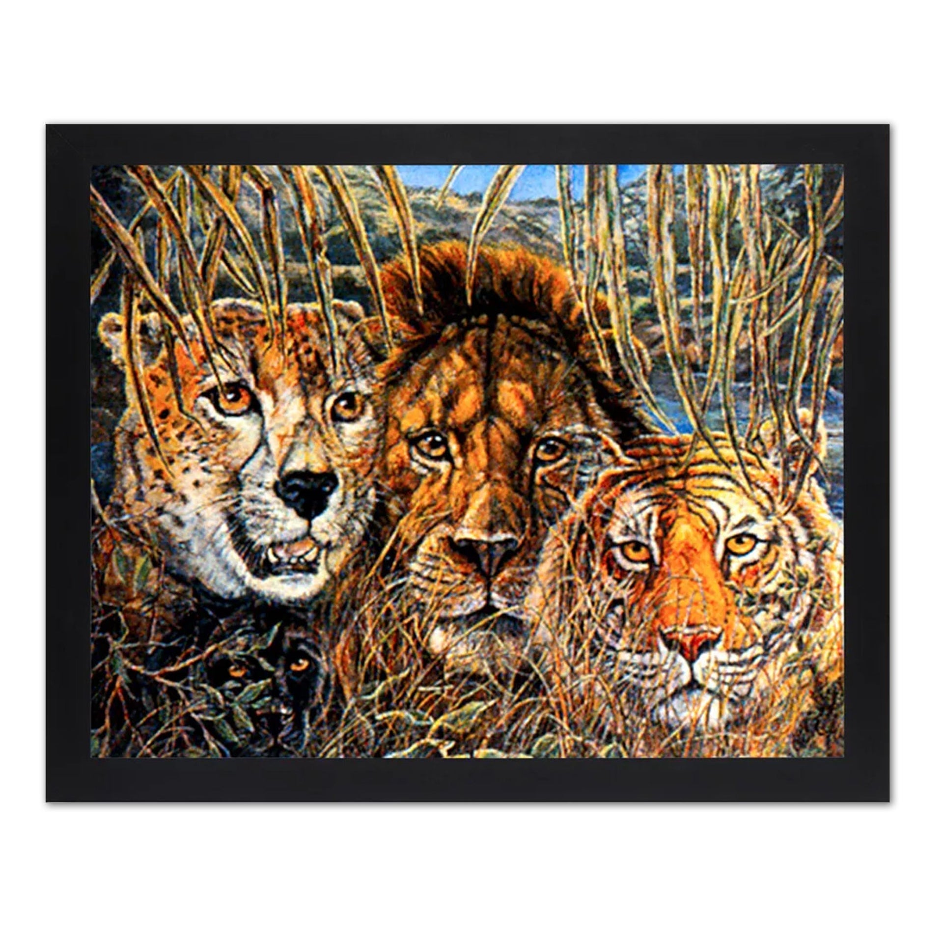 African Savannah Cat Art - Black Framed Lion and Tiger Wall Picture Print