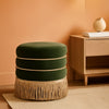 Olive Performance Velvet Round Ottoman With Fringe