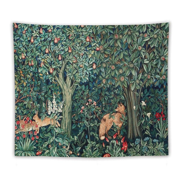 GREENERY, FOREST ANIMALS Fox And Hares Blue Green Floral Tapestry Tapestry
