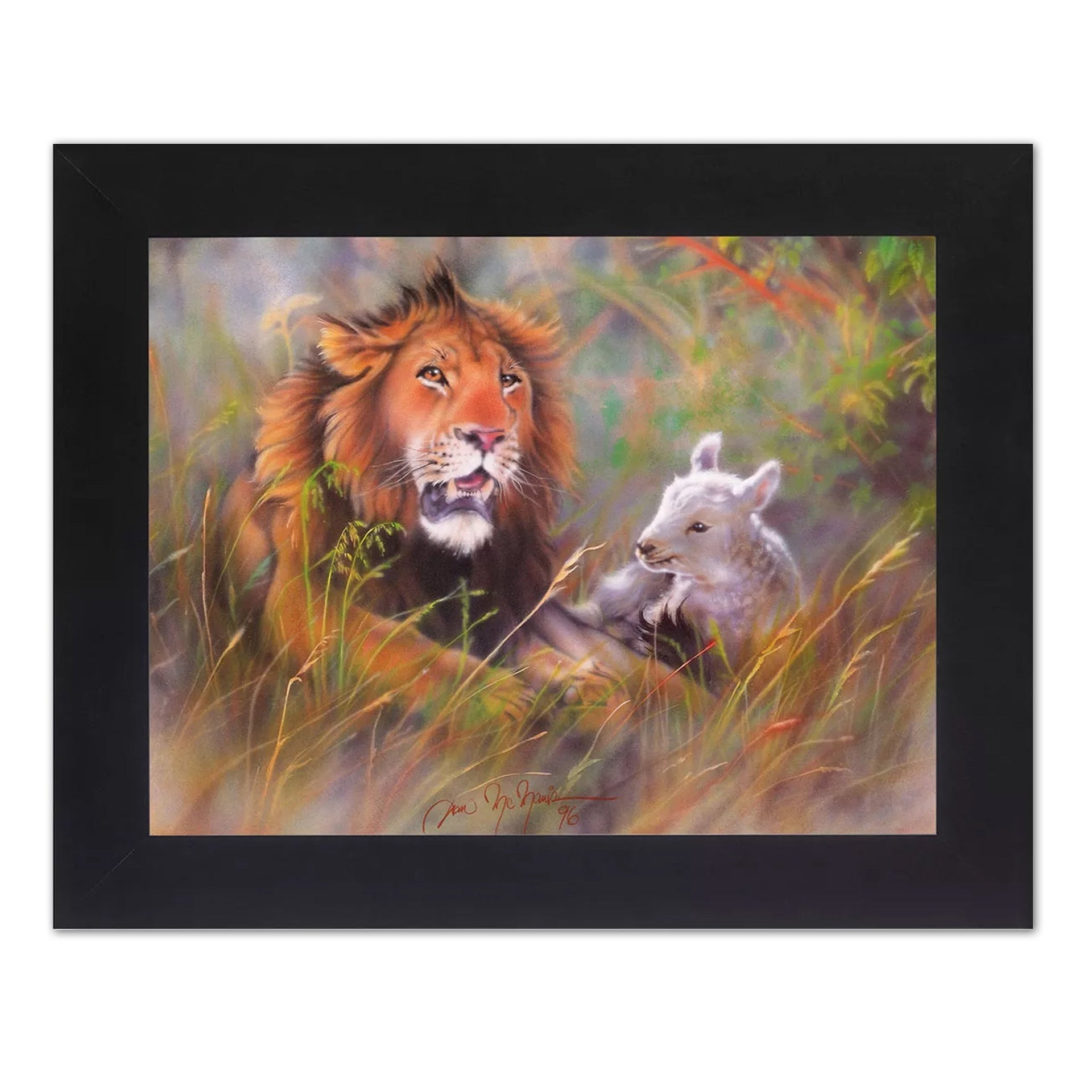 Framed Wall Art - Lion and Lamb Picture in Black Wood Frame with Real Glass