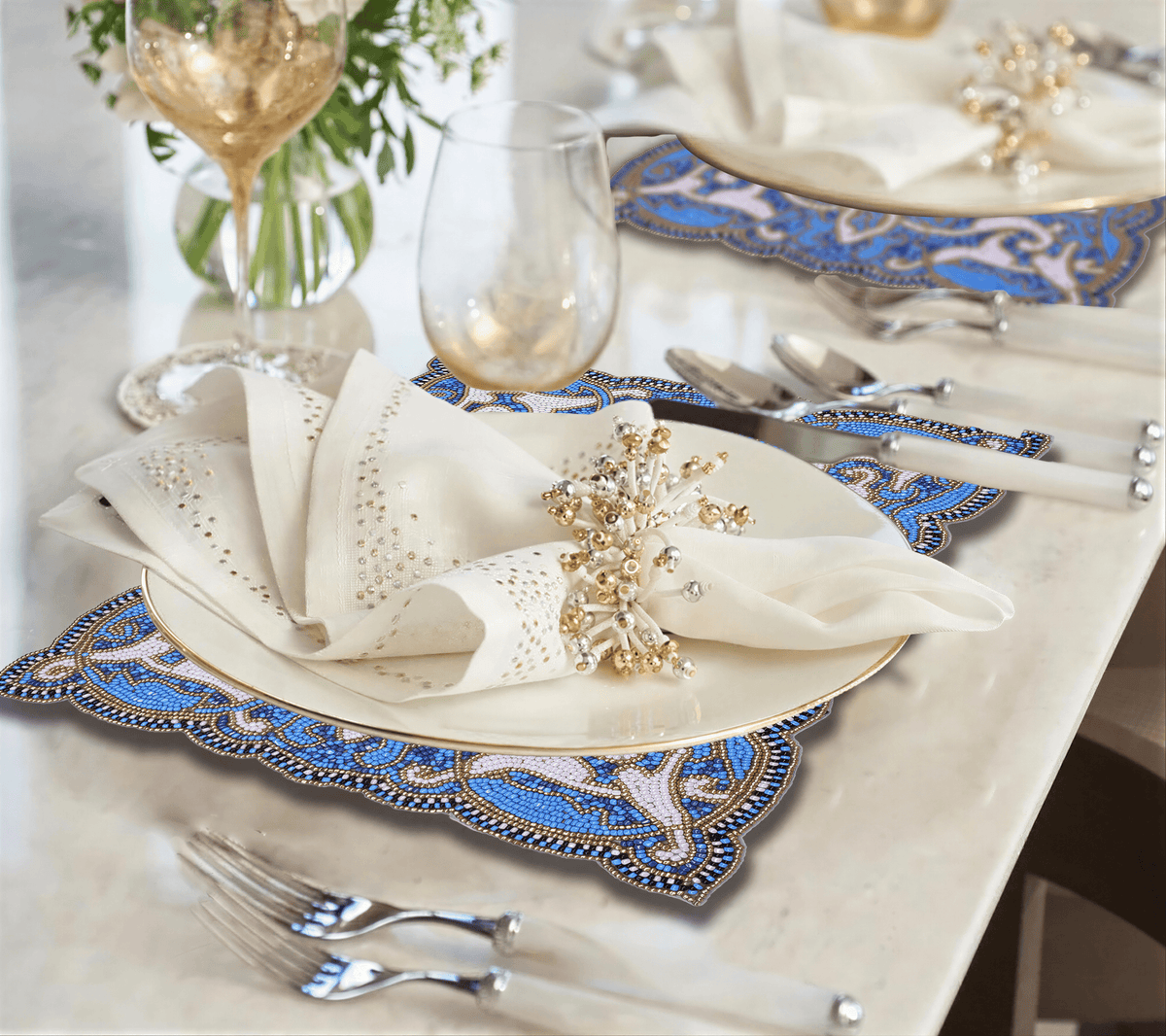 Beaded Placemats – Handmade Blue White Embroidered Dining Table Decor 12x16 Inch