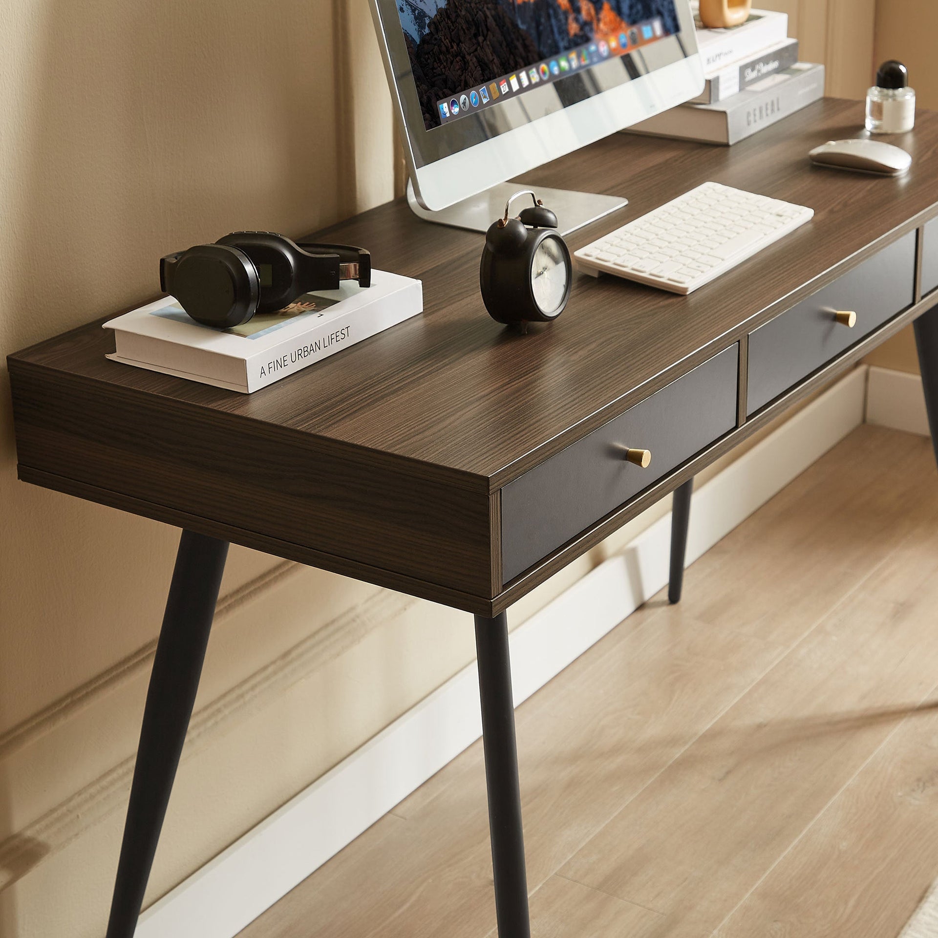 Mid Century Desk , Modern Writing Study Desk with Drawers, Multifunctional Home Office Computer Desk Walnut+Dark Grey