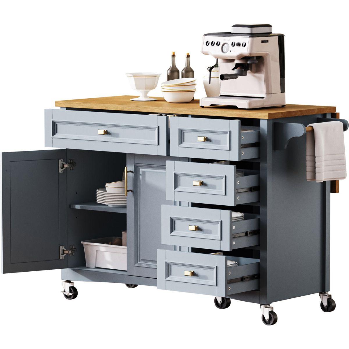 K&K 52'' Kitchen Island with Drop Leaf, Embossed Texture Kitchen Island on Wheels with Spice Rack, Towel Rack, 2 Doors and 5 Drawers, Kitchen Storage Cart with Adjustable Shelf for Kitchen, Blue Grey