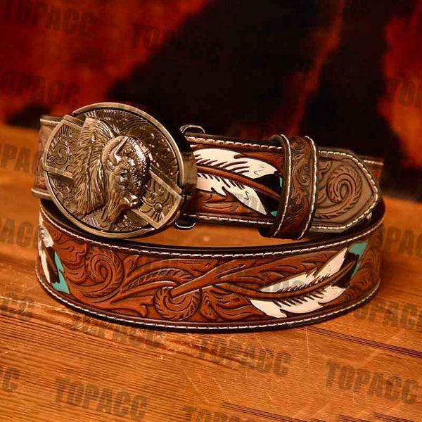 TOPACC Western Leather Feather Belt - Block Buckle