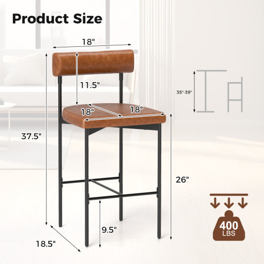 26 Inch Upholstered Bar Stools Set of 2 Counter Height Bar Chairs with  Backrest-Brown