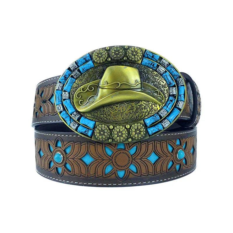 TOPACC Western Turquoise Belts - Oval Turquoise Cowboy Hat Buckle Copper/Bronze - Gifts for You 'n Me