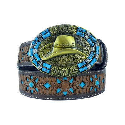 TOPACC Western Turquoise Belts - Oval Turquoise Cowboy Hat Buckle Copper/Bronze