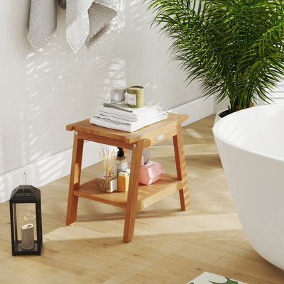 20 Inches Teak Wood Shower Bench with Storage Shelf and Adjustable Foot Pads