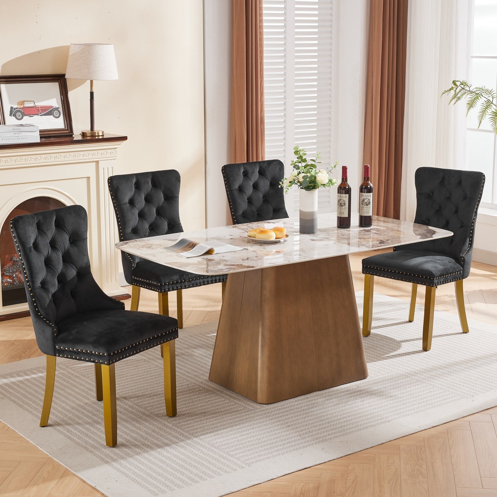 Mid-Century Modern Tufted Solid Wood Velvet Dining Chair with Lion Head Pull Ring