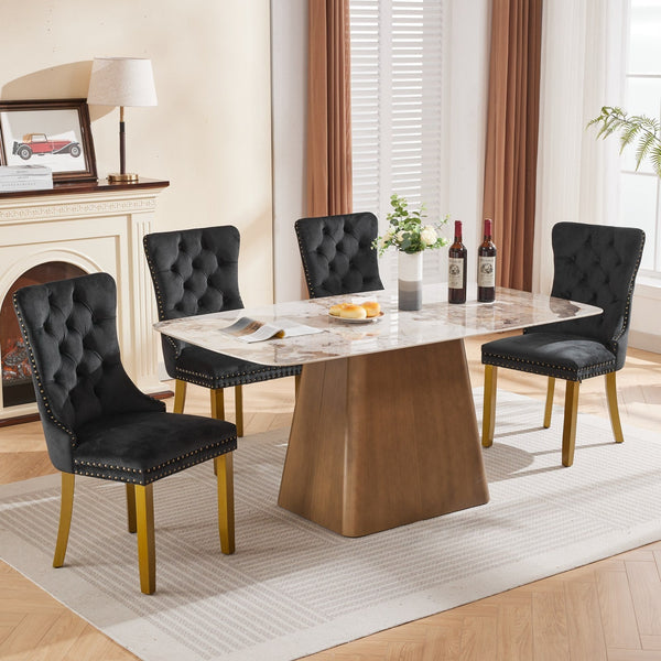 Mid-Century Modern Tufted Solid Wood Velvet Dining Chair with Lion Head Pull Ring