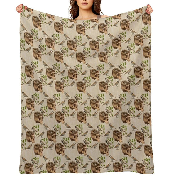 Black And White Illustration of Birds Making A Nest in Animal Skull Throw Blanket