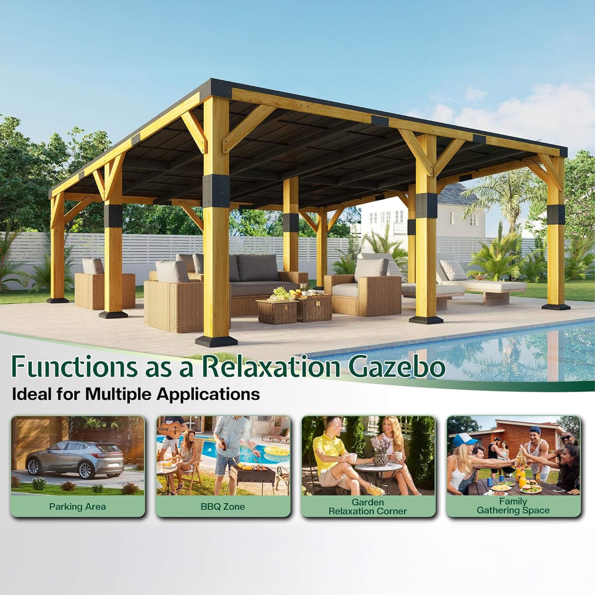 [20X20FT] Heavy-Duty All-Weather Outdoor Cedar Wood Carport With Galvanized Steel Roof (SAK76145)