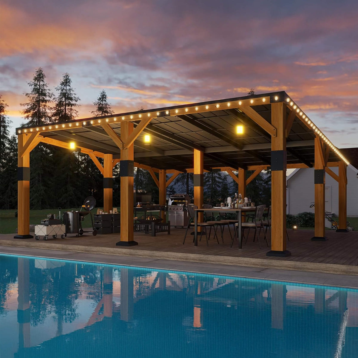 [20X20FT] Heavy-Duty All-Weather Outdoor Cedar Wood Carport With Galvanized Steel Roof (SAK76145)