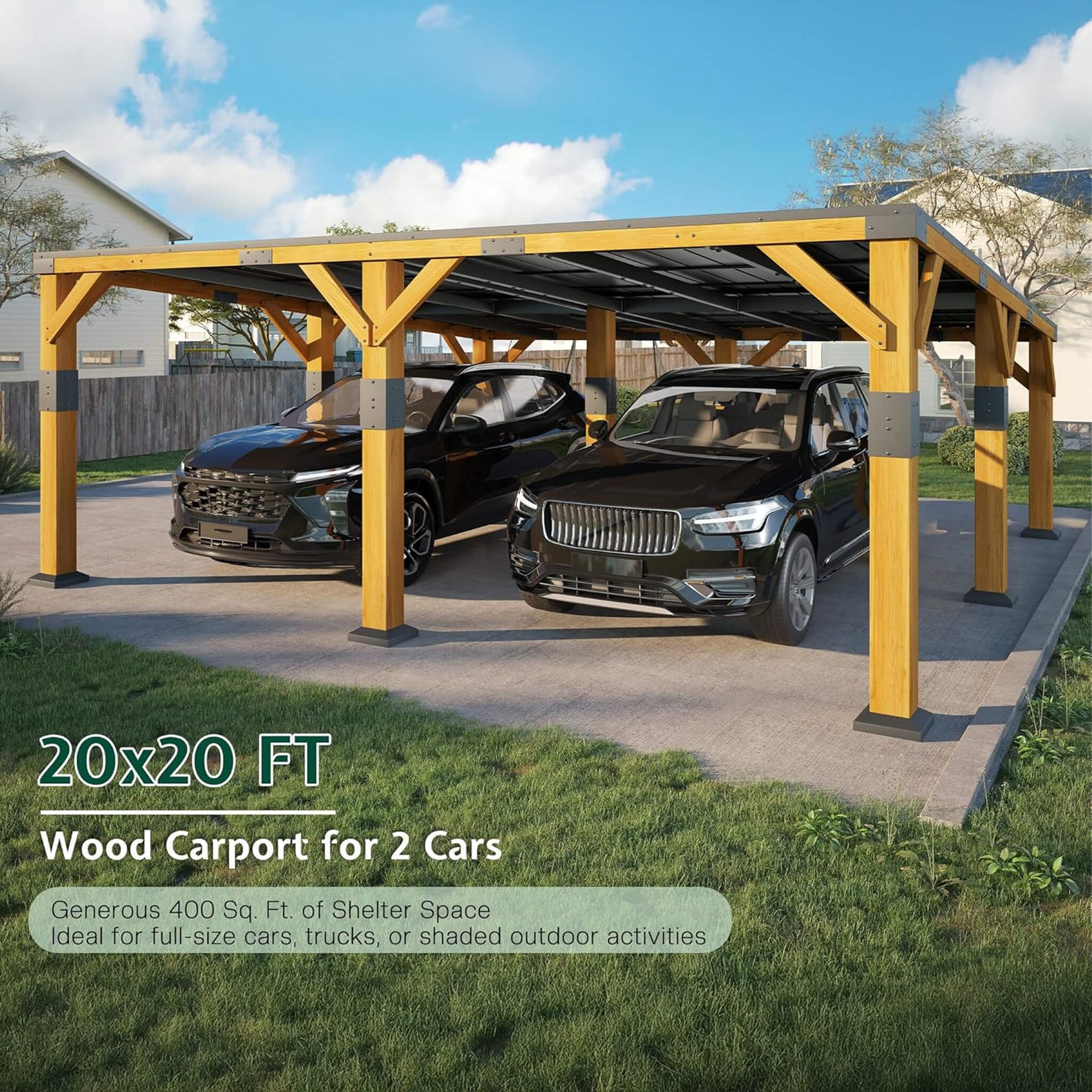 [20X20FT] Heavy-Duty All-Weather Outdoor Cedar Wood Carport With Galvanized Steel Roof (SAK76145)