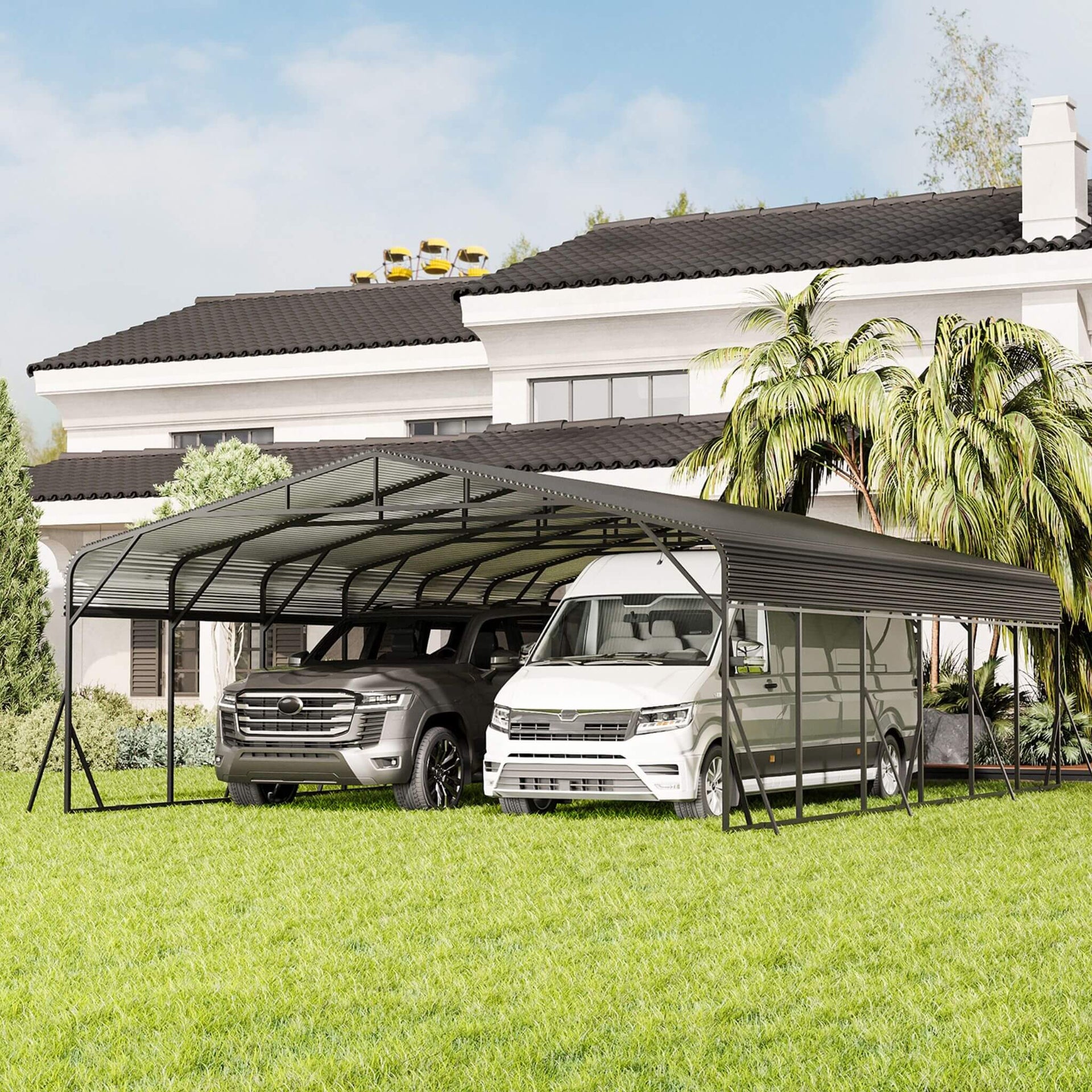 [20X30FT] Heavy-Duty Wind-Resistant Steel Roof Carport With Triangular Frame (SAK94812)