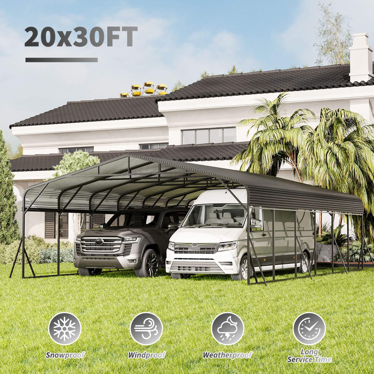 [20X30FT] Heavy-Duty Wind-Resistant Steel Roof Carport With Triangular Frame (SAK94812)