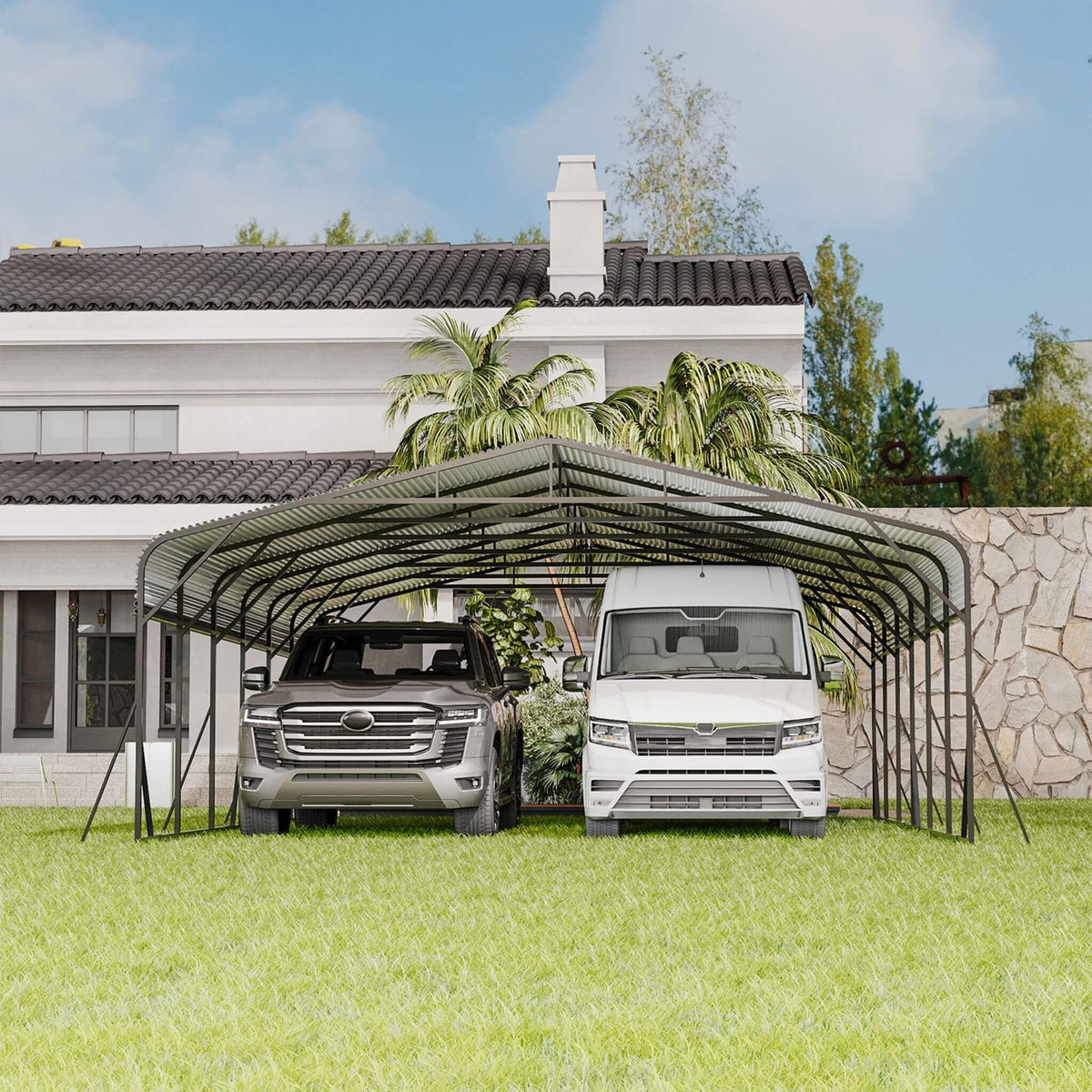 [20X30FT] Heavy-Duty Wind-Resistant Steel Roof Carport With Triangular Frame (SAK94812)