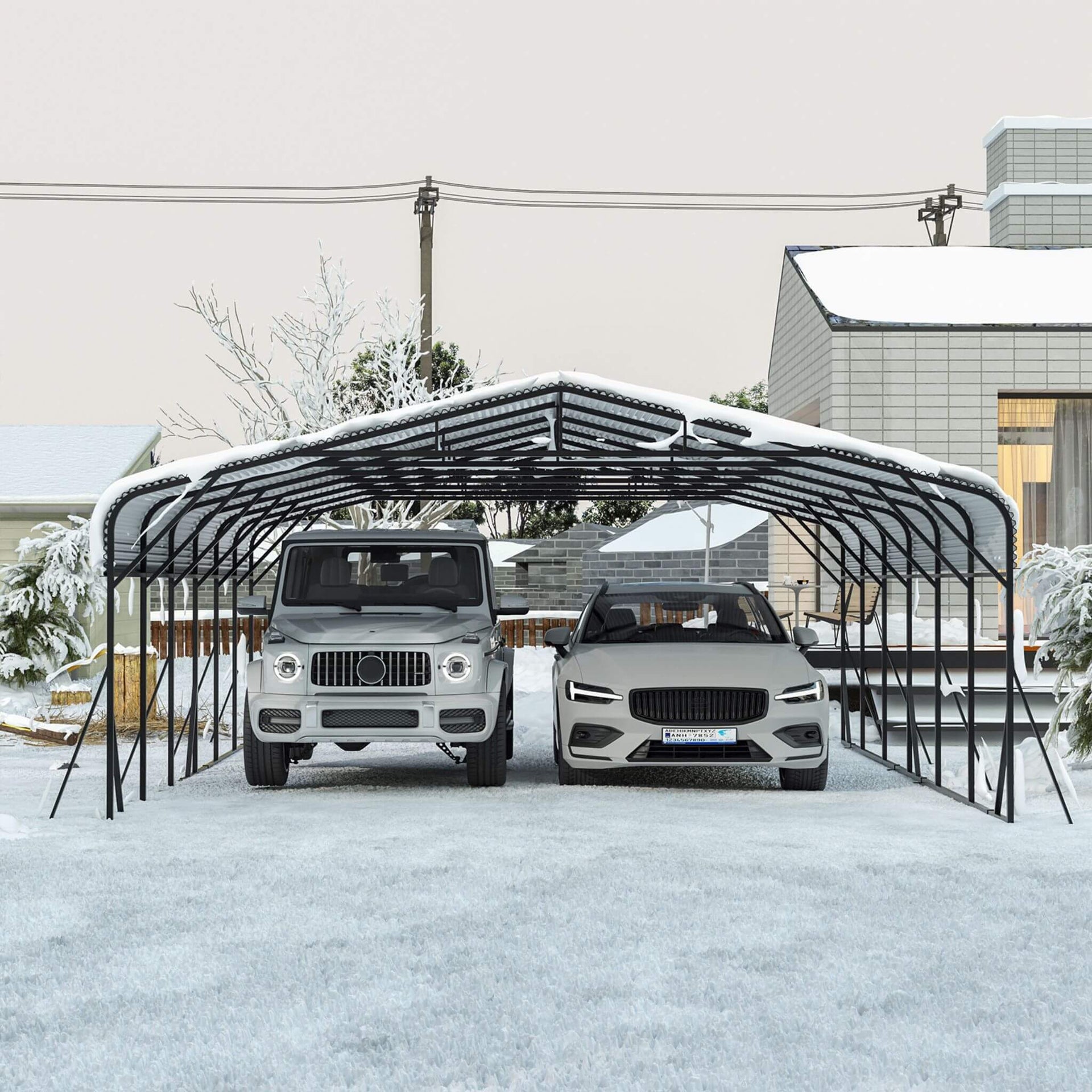 [20X30FT] Heavy-Duty Wind-Resistant Steel Roof Carport With Triangular Frame (SAK94812)