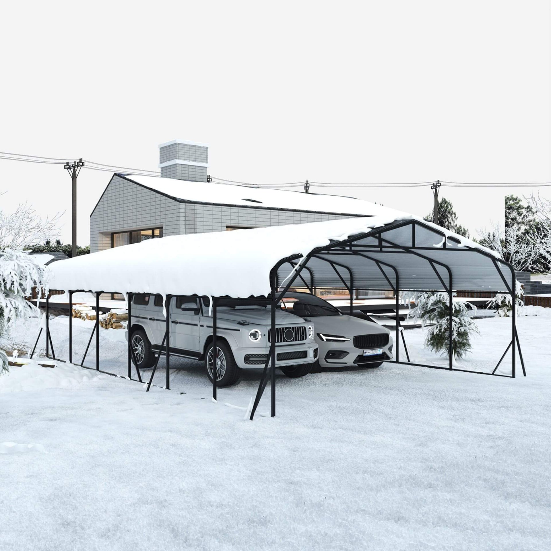 [20X30FT] Heavy-Duty Wind-Resistant Steel Roof Carport With Triangular Frame (SAK94812)