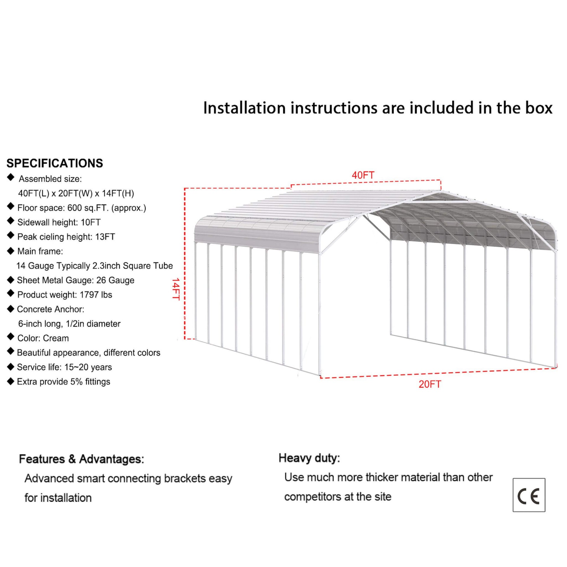 [20X40FT] Alora Heavy-Duty Outdoor High-Clearance Metal Carport (SAK67509)