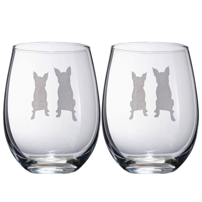 Set of 2 Boston Terrier Dog Stemless Wine Glasses - Boxwood, Boston Bull Terrier, American Gentleman Lover - for Him & Her - Dogs Silhouette - Etched Tumblers for Anniversary, Wedding, Gifts (18 OZ)
