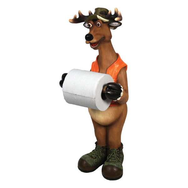 A whimsical figurine of a standing deer with a toilet paper roll held between its front hooves.