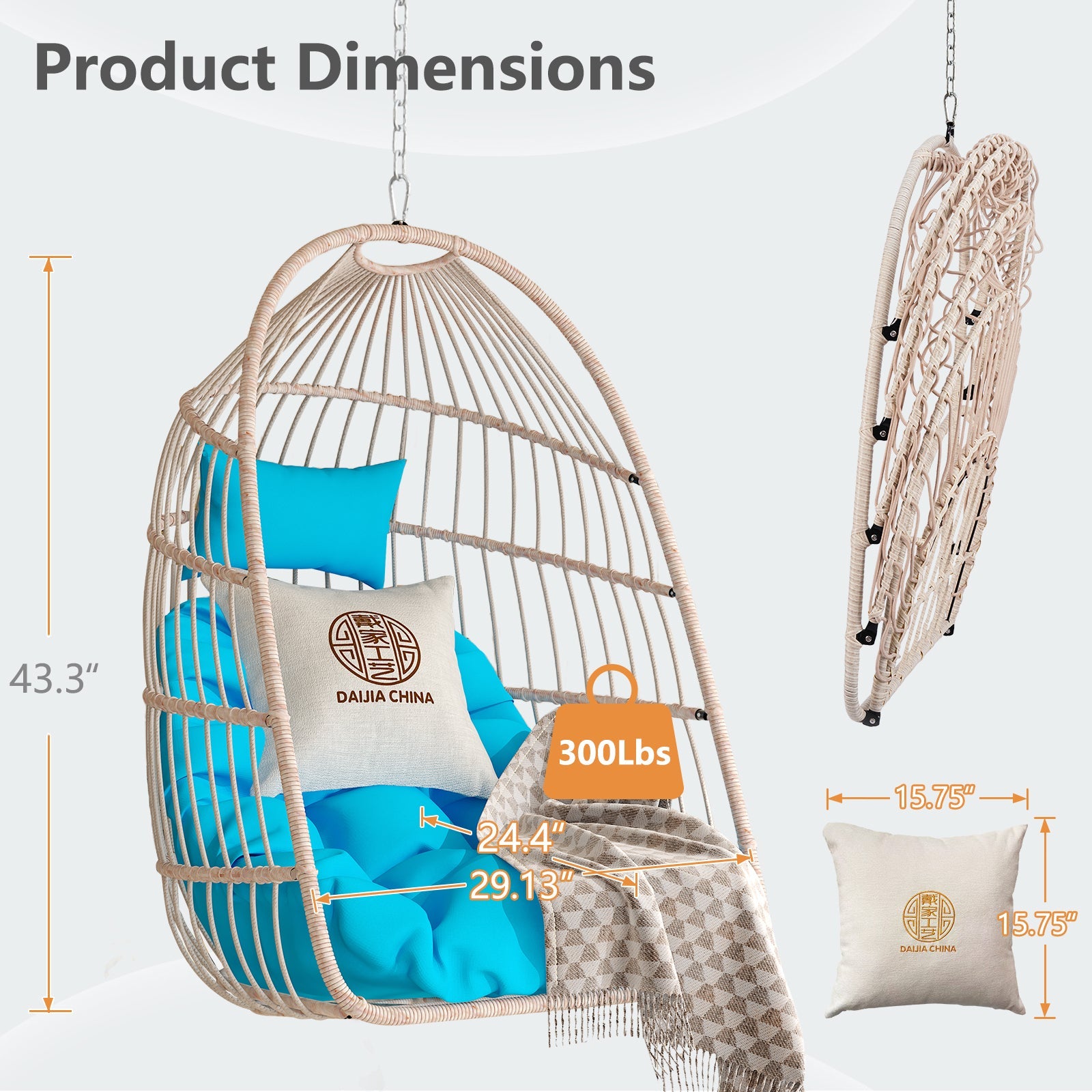 Outdoor Garden Rattan Egg Swing Hanging Chair PE Wicker Hanging Chair for Outdoor Patio