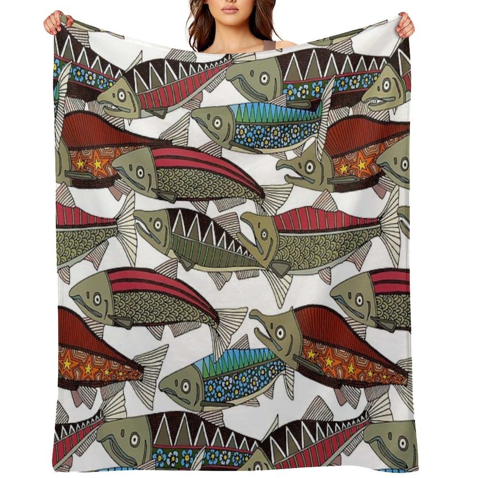 Alaskan Salmon White Anti-pilling Throw Blanket