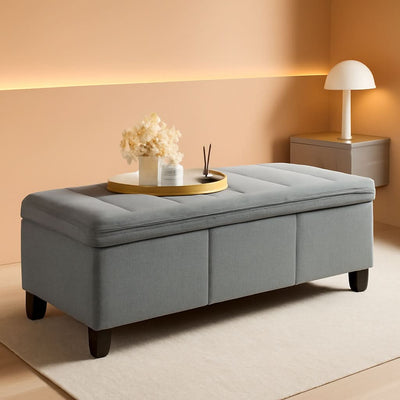 Forty Seven Inch Storage Ottoman Bench Linen Gray Fabric