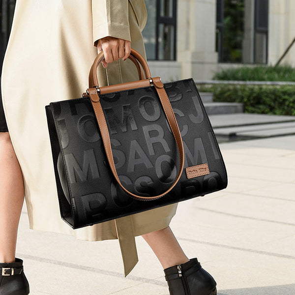 Women Handbag Large Capacity Letter Graphic Embossed Tote Bag Color Contrast Elegant Shoulder Bag Work Office Bag Women Wanita Store