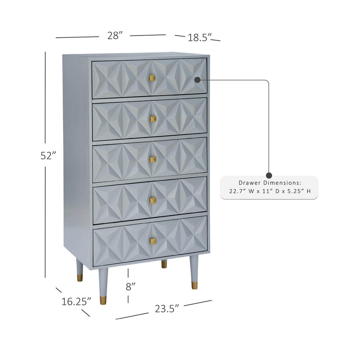 GEO GREY BEDROOM 5 DRAWER CHEST
