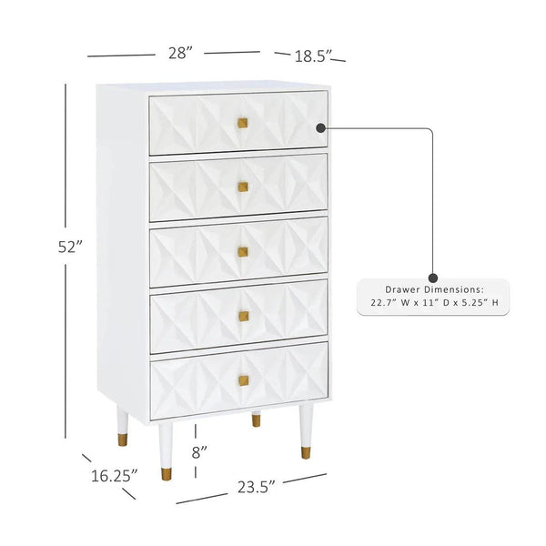 GEO WHITE BEDROOM 5 DRAWER CHEST - Gifts for You 'n Me
