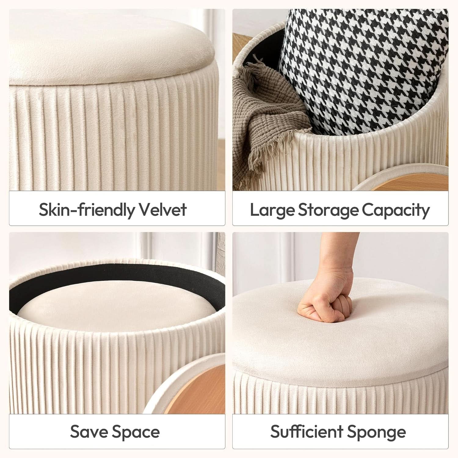 Beige Velvet Storage Ottoman With Hidden Compartment
