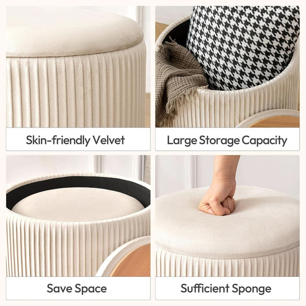 Beige Velvet Storage Ottoman With Hidden Compartment
