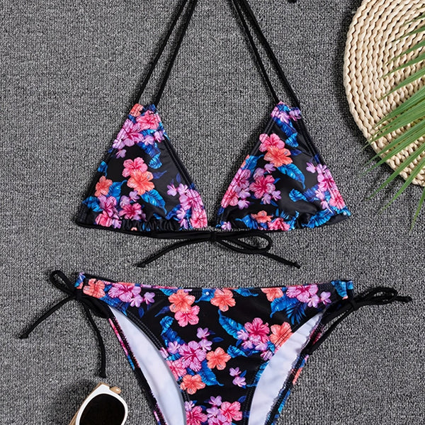 Sunset Bloom 2-Piece Triangle Bikini Set for Women – Vibrant Random Floral Print Halter Neck Swimsuit with Tie-Back Tie-Side Bottoms & High Cut Legs – Women's High-Stretch Swimwear for Summer Beach Escapes