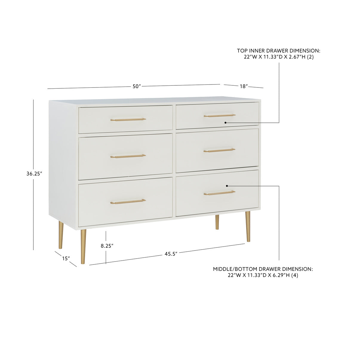 GWYNETH GLAM WHITE 6 DRAWER DRESSER