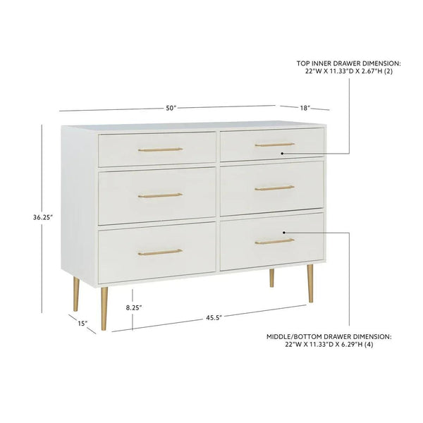 GWYNETH GLAM WHITE 6 DRAWER DRESSER - Gifts for You 'n Me