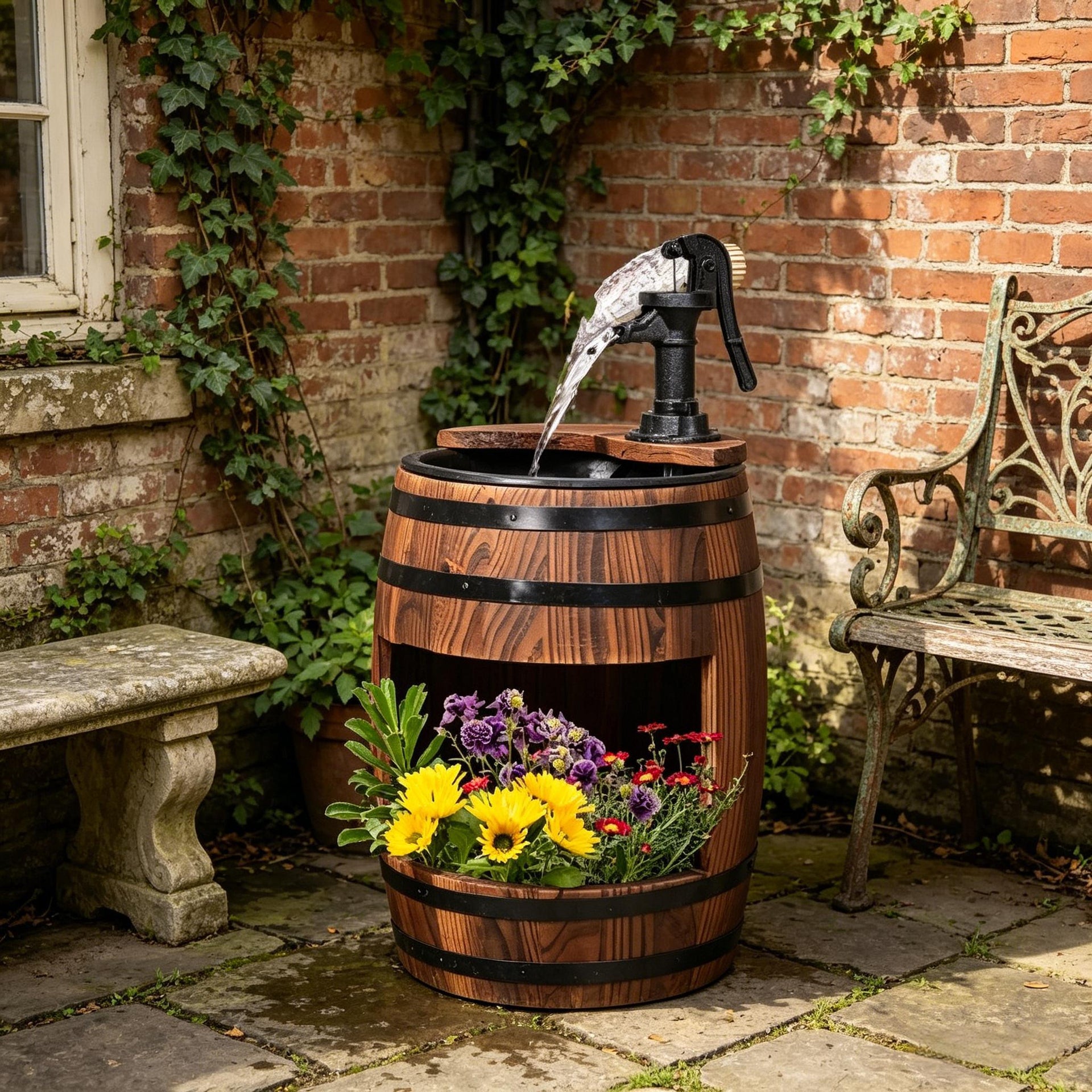 Wood and Iron Barrel Pump Fountain Planter 23 Inch