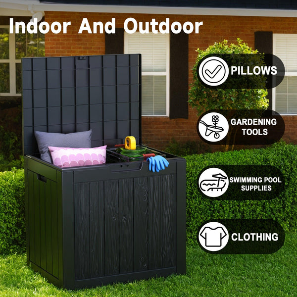 35 Gallon Outdoor Resin Storage Box – Black/Wood Grain