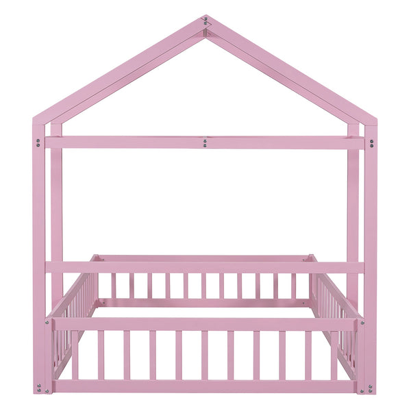 Wooden Full Size Children's Bed with Detachable Headboard and Integrated Clothes Drying Rack, Pink