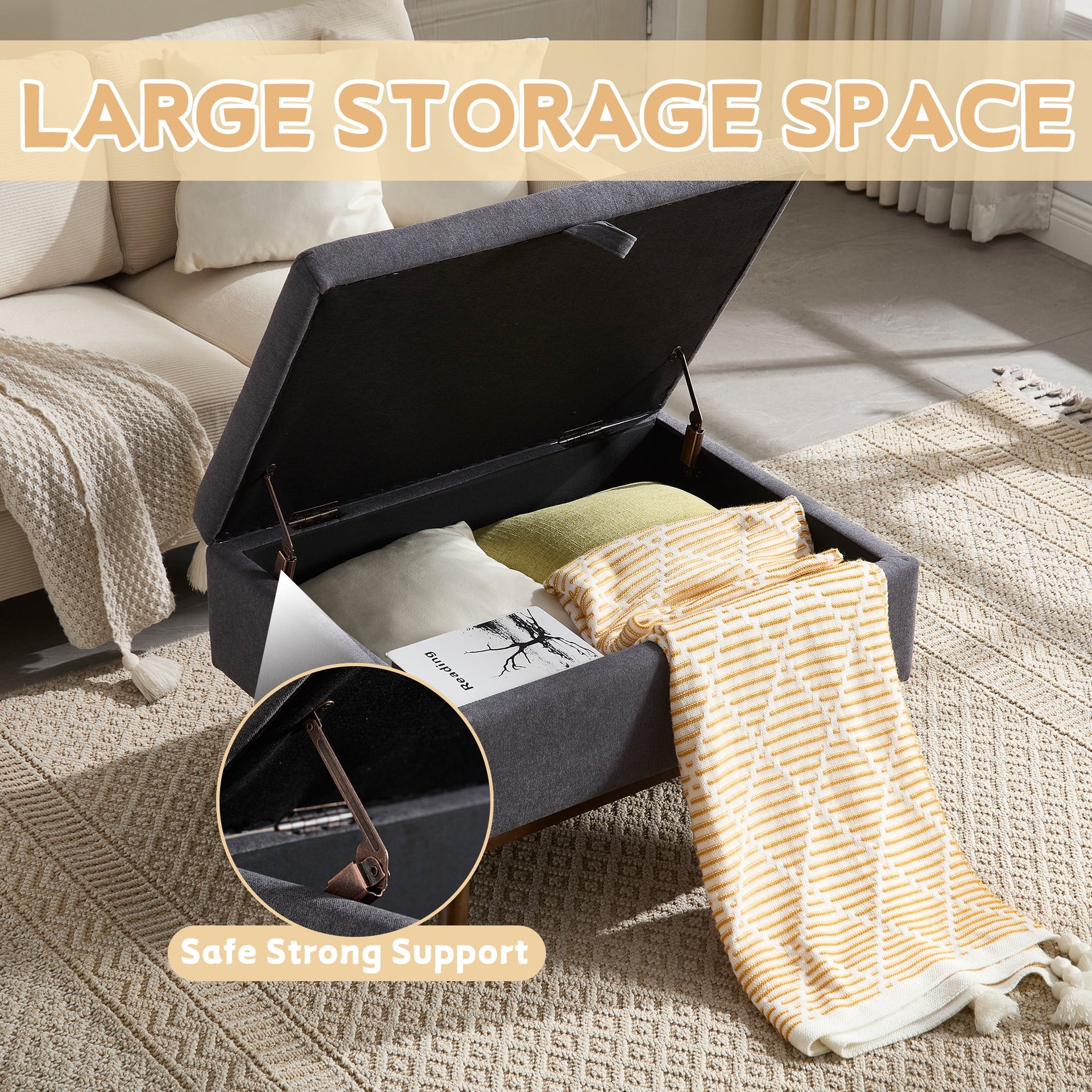 Mid-century modern square coffee table storage bench, assembled, suitable for living room, entryway and family room, used as a coffee table, stirrups, shoe bench