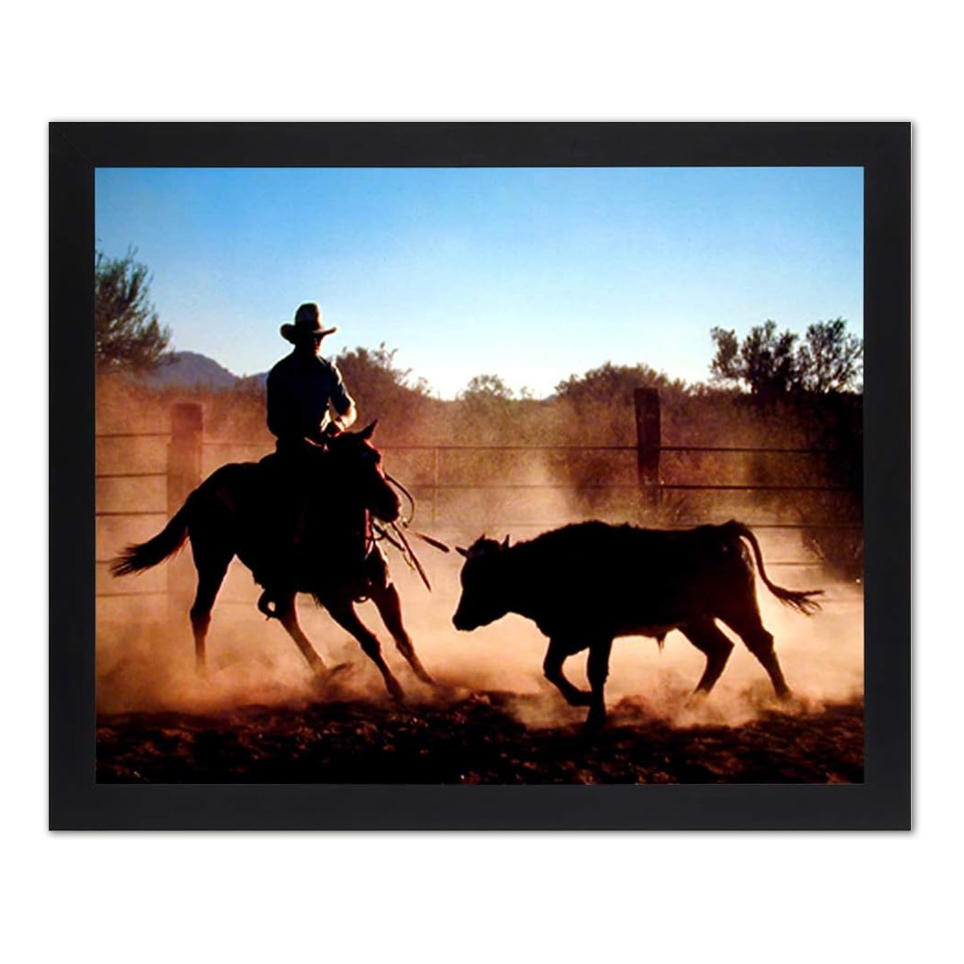 Framed Art Print - Cowboy On Cutting Horse Chasing Steer | Black Wood Frame
