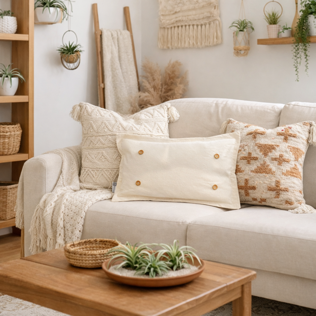 PILLOW ONLY (with fluffy insert): Natural Boho Cream: RECTANGLE BOHO PILLOW (with fluffy insert)