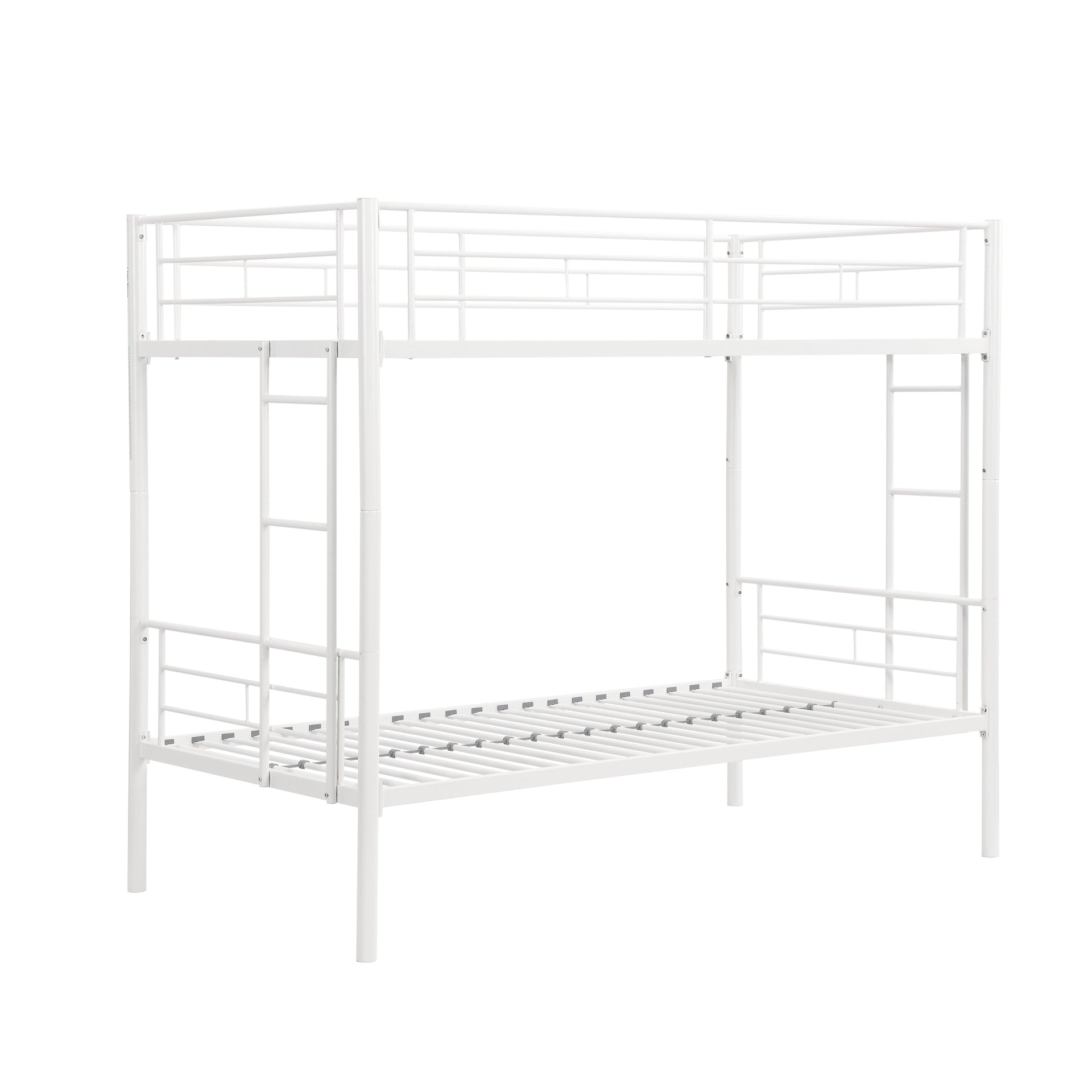 Twin metal bunk beds, metal structure bed frame with safety guardrails and 2 ladders, convertible bunk beds, white