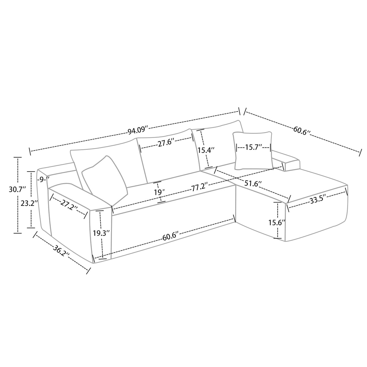94 Inch Right Chaise L Shaped Boneless Cloud Sectional Sofa