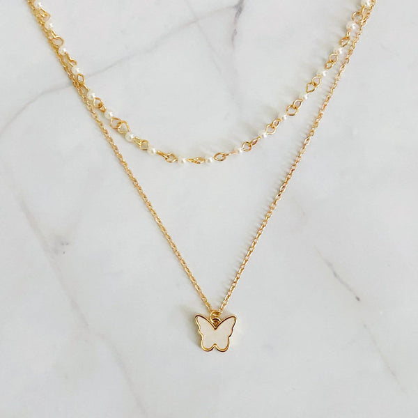 Layered Pearl Chain Butterfly Necklace - Gifts for You 'n Me
