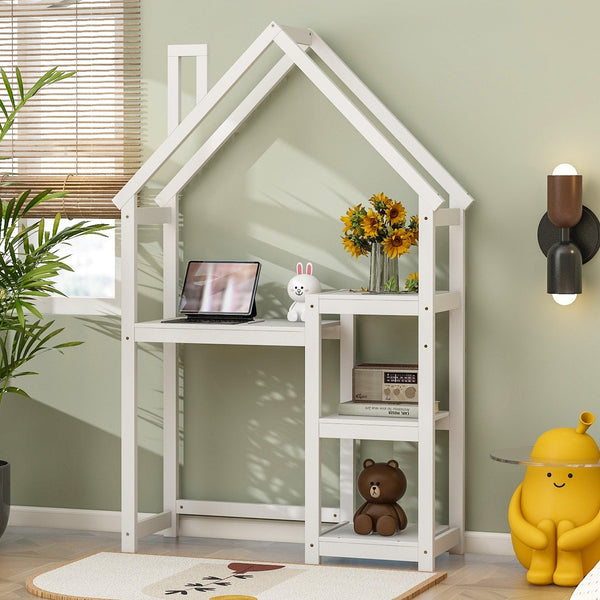 House-shaped Wooden writing Desk,Kids study Table,Bookshelf & Toy Storage,White