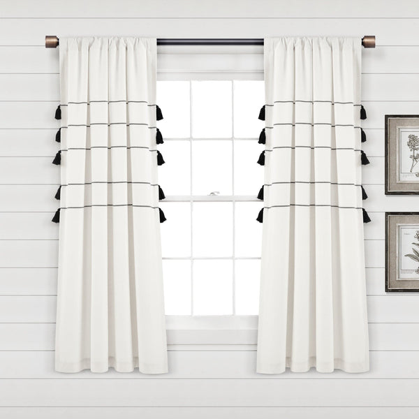 Farmhouse Boho Stripe Woven Tassel Yarn Dyed Recycled Cotton Blend Window Curtain Panel Set